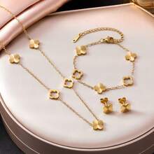 Fashion 18K Gold Color-Preserving Stainless Steel Hand-Carved Flower Bracelet Necklace Earrings Set Suitable For Women's Parties - Multicolor - View 2