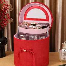 Oval-Shaped Traditional Chinese Style Makeup Storage Box With Mirror, Wedding Gift Box, Portable Festival Storage Container - Multicolor - View 5