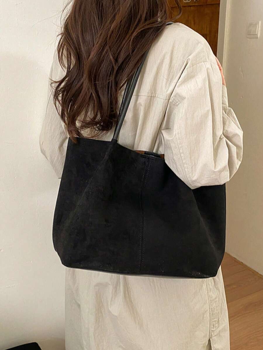 2026 Spring New Black Suede Vintage Large Capacity Business Commuter Shoulder Underarm Bag For Women