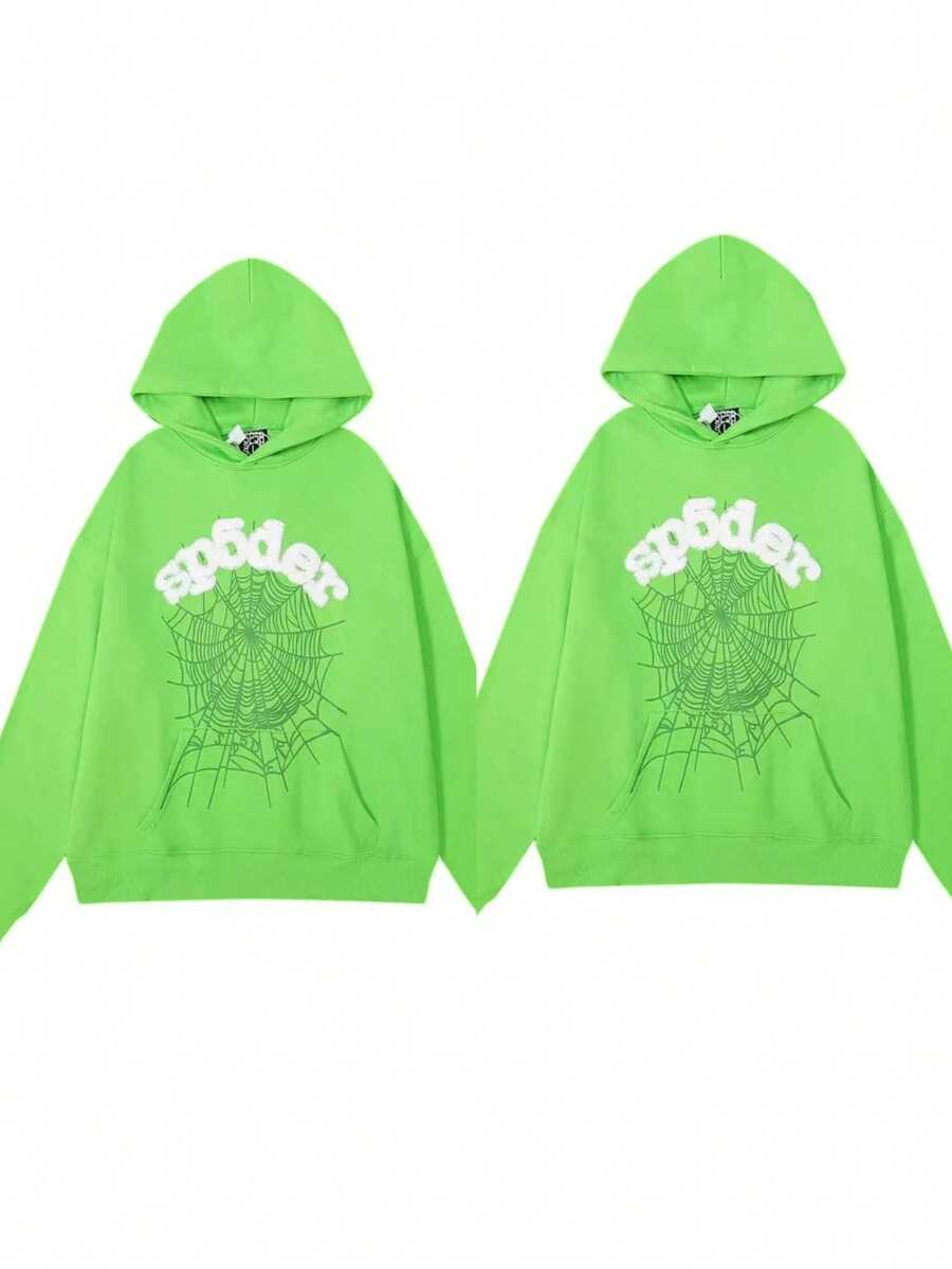 2-Piece Set Men's Hip Hop Spider Web Pattern Graphic Alphabet Print Harajuku Vintage Hoodie Long Sleeve Street Wear Top For Both Men And Women Oversized Hoodies,Y2k Hoodies Hip-Hop Style, - 綠色*2 - 查看 1