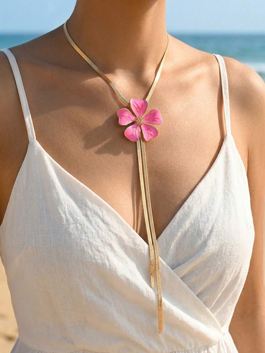 1件夏季简约金属粉色珐琅花朵Y型项链，时尚百搭金色链条项链，适合日常佩戴、海滩度假、约会、派对等场合。 - 多色1 - 查看 1