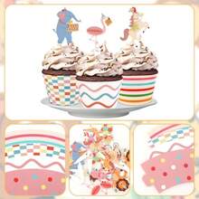 Hooqict 48 Pack Carnival Theme Party Decorations Carnival Circus Cupcake Toppers And Wrappers For Boys Girls Animal Parade Birthday Cupcake Cake Decorations Supplies - Animal Parade - View 7