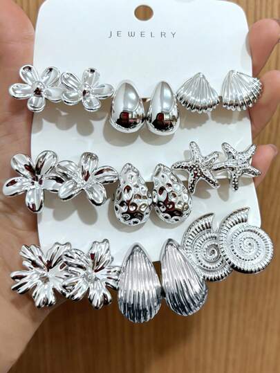 6 piezas/18 piezas de joyería de color plateado de CCB, pendientes de botón con diseños de flores/conchas/estrellas de mar/conchas marinas/gota de agua, adecuados para usar en vacaciones en la playa