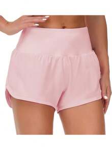 Womens High Waisted Running Shorts Quick Dry Athletic Workout Shorts With Mesh Liner Zipper Pockets - Pink - View 2