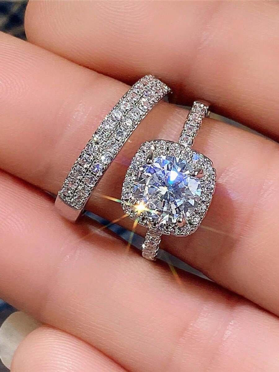 2件套时尚戒指，全钻锆石首饰，欧美微镶高碳钻石组合戒指 - 銀色 - 查看 1