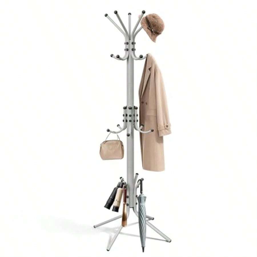 Perchero no empotrado con 15 ganchos y 4 patas soporte de metal para entrada pasillo recámara y oficina para chaquetas sombreros bolsos árbol gris - Gris - Ver 1