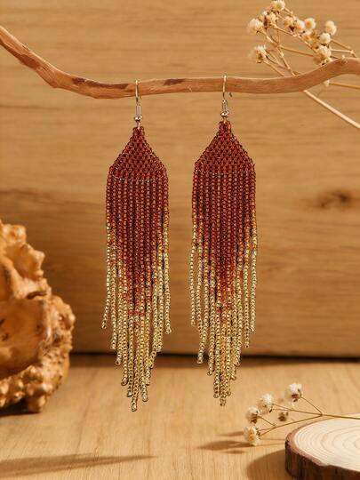 1 Pair Women's Fashion Dangle Earrings, Bohemian Beaded Earrings, Vacation Style, Ombre Orange Design, Long Tassel Pendant, Handmade Earrings, Women's Earrings, Tassel Earrings, Suitable For Women's Daily, Vacation, Party, Holiday Wear, Versatile Gift