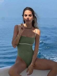 女士新款无肩带连体泳衣，性感休闲纯色沙滩度假派对装 - 綠色 - 查看 6