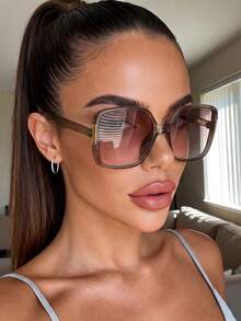 1 par de gafas de sol unisex de marco cuadrado grande con bloques de color, adecuadas para conducir, acampar, vacaciones en la playa tropical, viajes al aire libre, salidas familiares, atuendo de citas, accesorio de moda - Gris - Ver 5