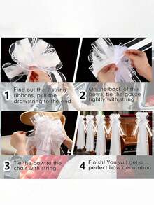 1/4 piezas Grandes lazos para bancos de boda con largas colas de tul, decoraciones para sillas de iglesia, pasillos, decoración de autos de boda, lazos grandes para ducha nupcial, recepción, cumpleaños, aniversario (Blanco) - A - Ver 6