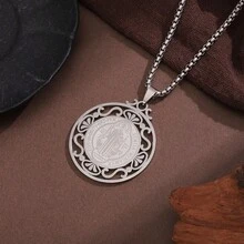 1pc Gothic Round St. Benedict Vintage Stainless Steel Pendant Necklace For Men, Sweater Chain - Silver - View 6