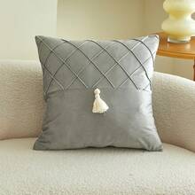 1pc Gray Pleated Tassel Patchwork Pillow Cover, Suitable For Indoor Decoration, All Season Cushion Cover, Pillow Insert Not Included - Grey - View 11