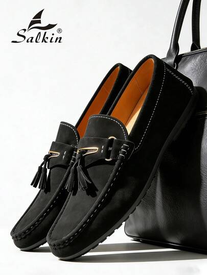 Salkin Classic Designer Men's Moccasin Shoes, Solid Suede Slip-On Loafers With Tassels, Soft Leather Shoes, Gentleman Business Social Shoes, Men's Daily Office Party Wedding Formal Shoes, Romantic Dinner Date Gift, Back To School Casual Shoes, College Style, Suggest Sizing Up One Size