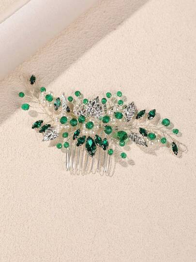 1 Piece Elegant Bridal Green Crystal Flower Hair Comb, Wedding Party Side Decor Hair Accessory