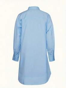 大码纯色前开襟宽松休闲长袖衬衫 春季 - 天藍色 - 查看 2