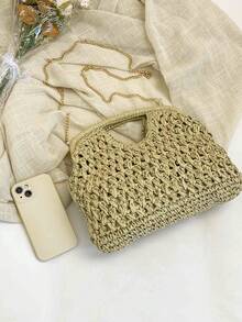 手工编织小号斜挎包，新款编织单肩包，小众海滩风，百搭方形信封包，时尚斜挎包，带链条度假沙滩包 - 白色 - 查看 11