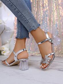 Teenage Girls' Butterfly Decor Transparent High Heel Square Toe Sandals - Silver - View 7