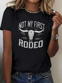 Women's Soft Graphic Tee - Western Cowboy Inspired Skull Design With 'Not My First Rodeo' Phrase - Lightweight Casual Top For Parties And Ranches - Comfortable Year-Round Black O - White - View 11