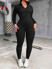 AiTyi Women's Plus Size Casual Jumpsuit, Zipper Closure Slim Fit Black Jumpsuit, Elegant For Fitness, Outdoor, Street, Y2K Party, Spring Outfit - Black - View 4
