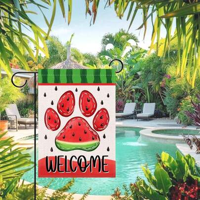 1pc Summer Paw Print Small Decorative Garden Flag, Watermelon Yard Lawn Outdoor Decoration, Seasonal Burlap Outdoor Home Decor Double-Sided 12x18/28x40
