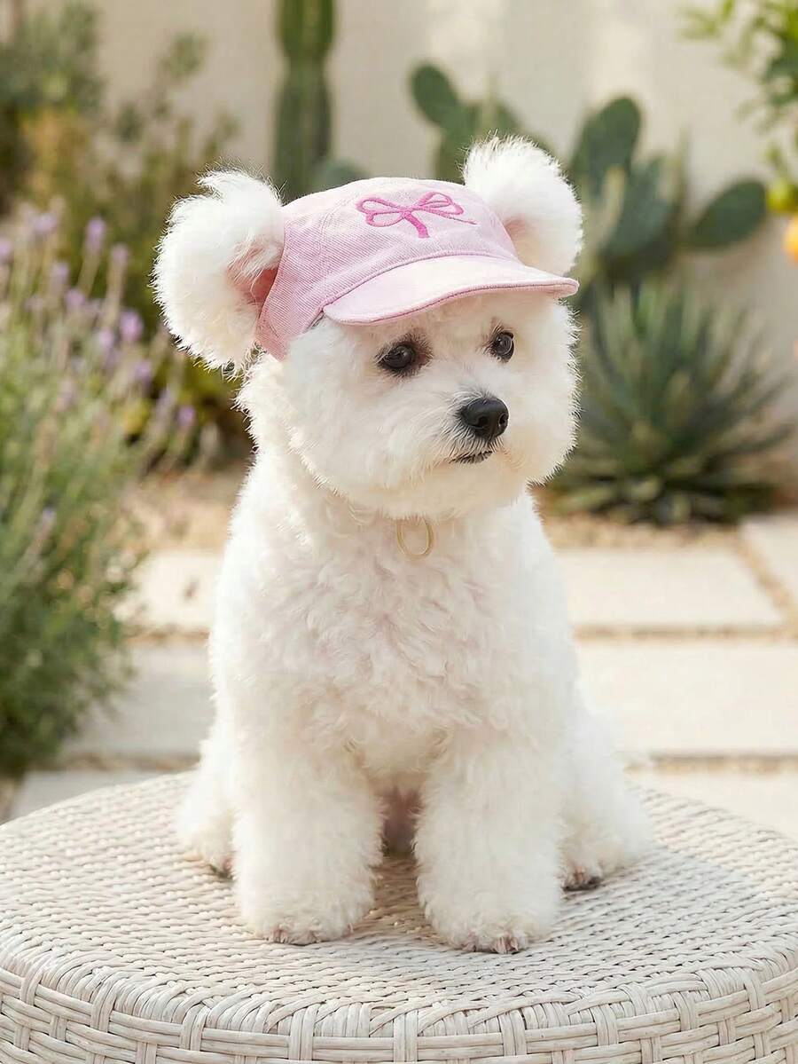 1 pieza Sombrero para mascotas, Accesorios para perros pequeños, cachorros, Teddy Pomeranian, Sombrero de protección solar con moño - Rosa - Rosa - Ver 1