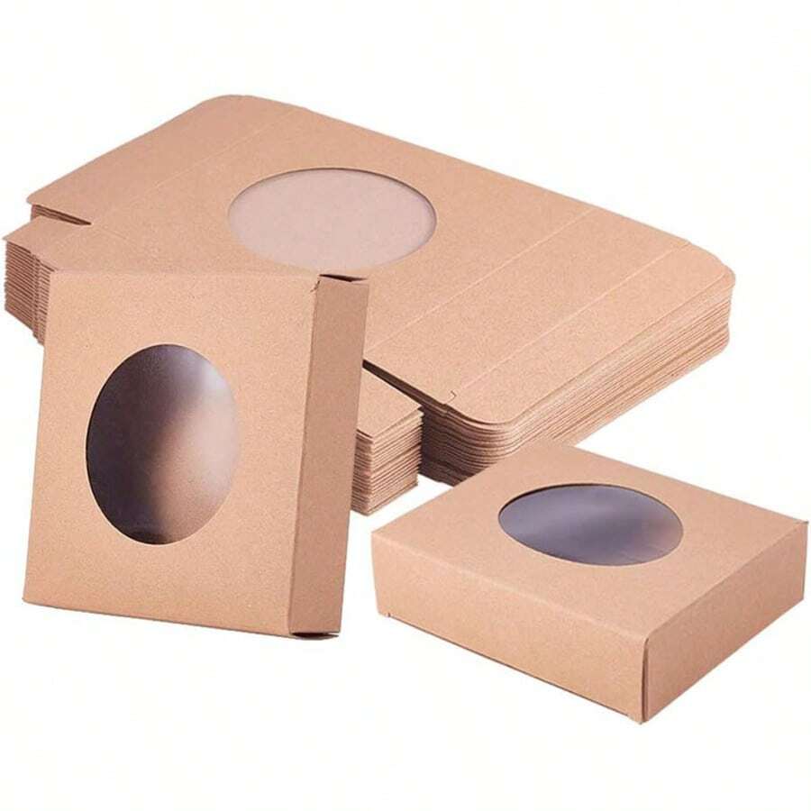 Hộp đựng xà phòng thủ công (20/40 chiếc), hộp quà bằng giấy Kraft có cửa sổ tròn trong suốt, hộp đựng kẹo và bánh quy dán PVC, bao bì vuông có thể gấp gọn, thích hợp để trưng bày trang sức, dùng trong đám cưới, tiệc tùng, sinh nhật và kỷ niệm. - 8*8*3cm - Xem 1