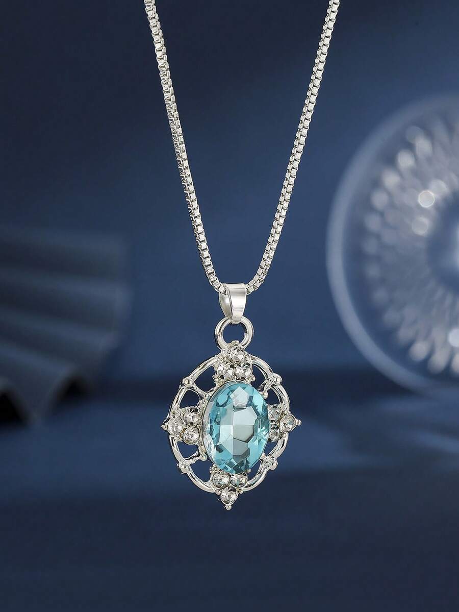 1pc Fashionable European And American Style Minimalist Elegant Blue Glass Pendant Necklace, Versatile Daily Wear For Women - Baby Blue - View 1