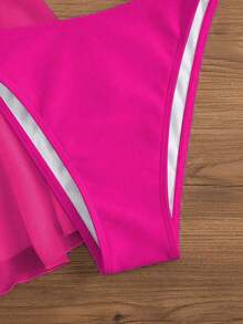 4pcs Sexy Solid Color Bikini Set With Sheer Cover-Up, Suitable For Vacation, Beach Party, Also Ideal For New Year And Valentine's Day, Exuding Elegance And Avant-Garde, Perfect Choice For Casual Women In Spring/Summer - 玫紅色 - 查看 5