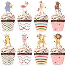 Hooqict 48 Pack Carnival Theme Party Decorations Carnival Circus Cupcake Toppers And Wrappers For Boys Girls Animal Parade Birthday Cupcake Cake Decorations Supplies - Animal Parade - View 8
