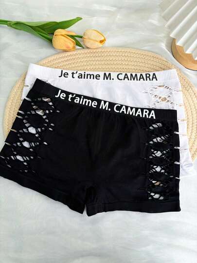 1pc Customized Briefs, Waistband Can Be Printed With Personalized Text, Name, Blessing, Anniversary Date, Brand Logo, Seamless Yoga/Running Sports Shorts, Hollow-Out Breathable Underwear, Anti-Exposure Slip Shorts, Anniversary, Birthday Gift For Friend, Girlfriend, Wife