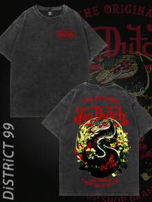 Double Sided Printing Vintage Hip Hop Rap Wash Graphic Tee Von Dutchs Snake And Flowers Design Shortsleeve Cotton Top Suitable For Outdoor Daily Wear Funny Trendys Vintage Graphic Y2K Streetwear Graphic Tee Best Gift For Fans - Black - View 1