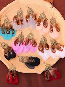 Bohemian Retro Sunflower Earrings, Minimalist Feather Earrings, Suitable For Travel, Vacation And Photo Shooting - Dreamcatcher - View 2