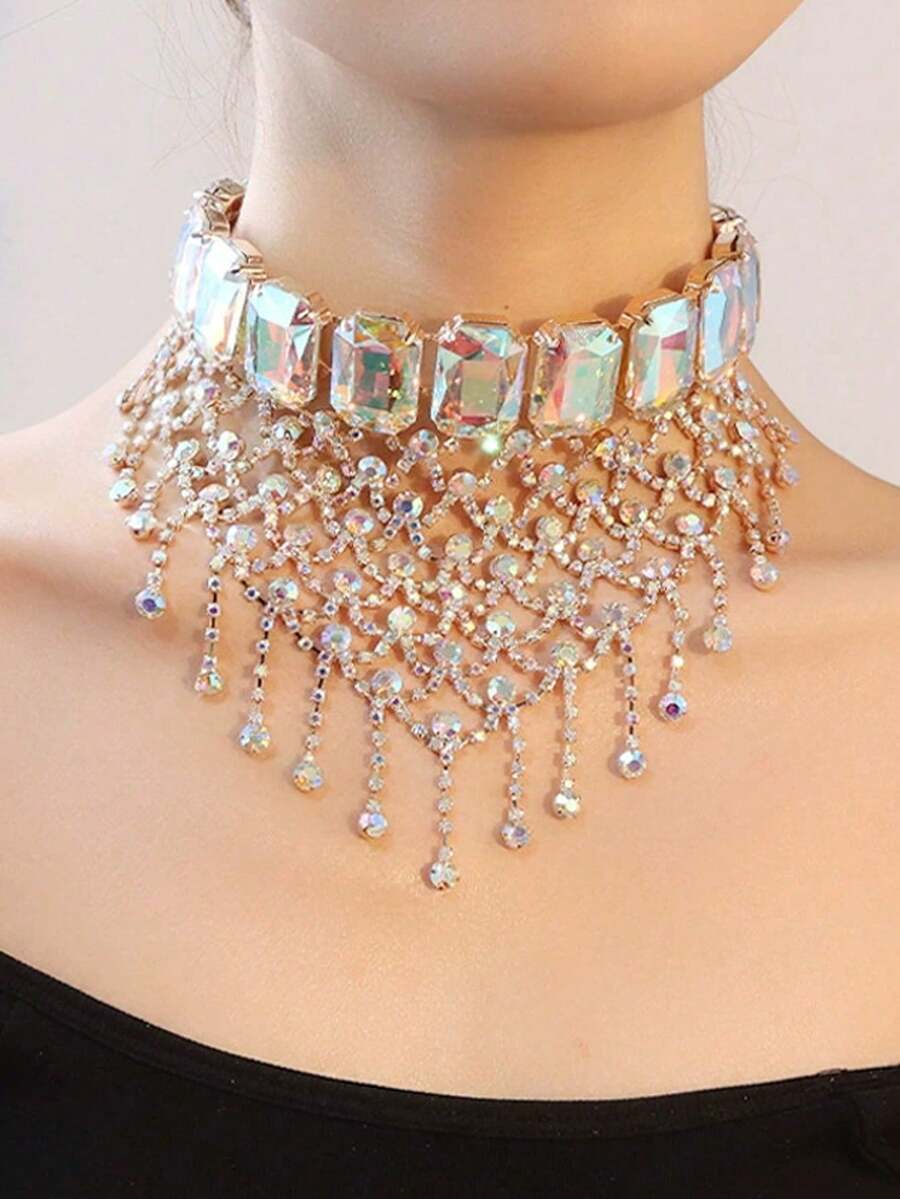 Dây chuyền tua rua đính kim cương lấp lánh kiểu dáng công nghiệp nặng Âu-Mỹ, sang trọng nhẹ nhàng, phong cách quý phái cho các bữa tiệc, khóa cài dạng xương. - Nhiều màu - Xem 1