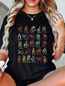 Camiseta Casual de Manga Corta con el Alfabeto de Signos ABC para Maestros de Lenguaje de Señales - Negro - Ver 5