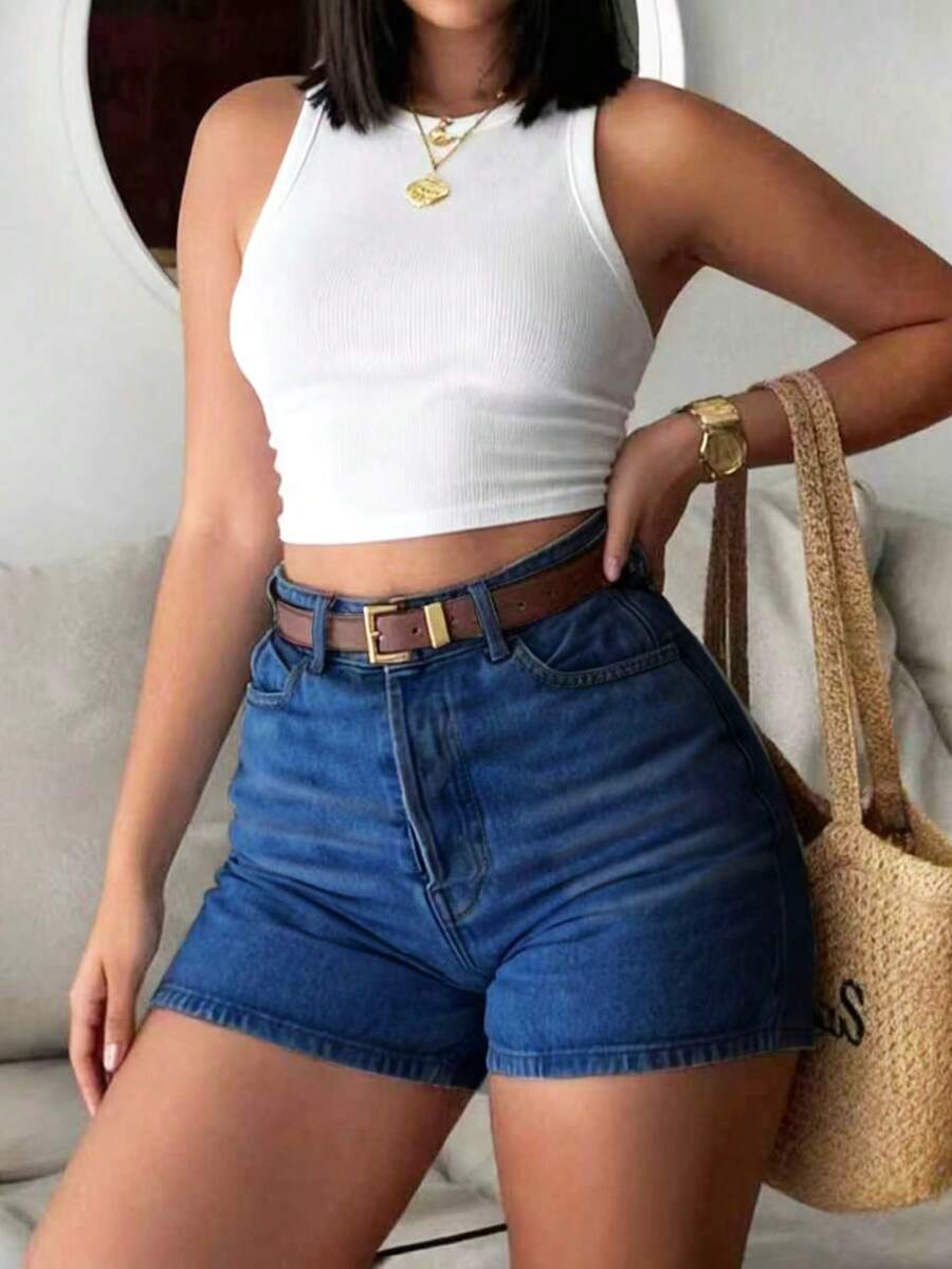 Quần short denim nữ dự tiệc, màu xanh nhạt cổ điển, dáng suông, chất liệu co giãn vừa phải, thoải mái, thích hợp mặc mùa hè. - Xanh đậm - Xem 1