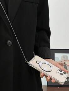 Minimalist Chic Ins Style Magnetic Bling Mirror Phone Case With Chain - Silver + Chain - View 35