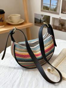 1个波西米亚风彩虹条纹编织新月包，轻便单肩包，配有可调节PU皮肩带，女士夏季沙滩休闲斜挎包 - 黑色 - 查看 4