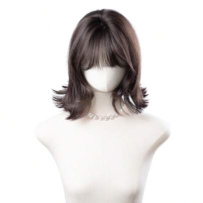 12-Inch Long Synthetic Wig Featuring A Natural Curly Hair Look A Stunning Black-Brown. Designed With Bangs , It Is Crafted From Heat-Resistant Fiber To Ensure Durability. This False Hairpiece Is Perfect For Daily Use, Offering A Natural And Realistic Appearance That Mimics.