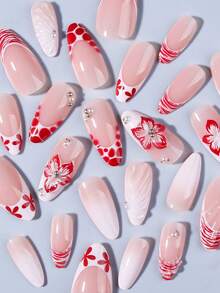24片杏仁形3D凝胶美甲贴纸，花卉法式美甲贴纸，中长款3D合金十字珍珠装饰，适用于亚克力指甲，包含1瓶胶水和1个指甲锉，适合女性日常、节日、派对使用。 - 彩色 - 查看 3