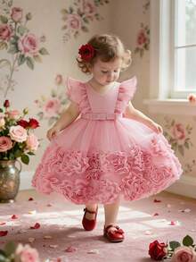 Baby Girls Solid Color Floral Mesh Satin Party Dress, Suitable For Birthday, Flower Girl, Wedding, Without Headband - Dusty Pink - View 2