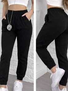 Women's Thick Jogger Sweatpants With High Waist - Black - View 1