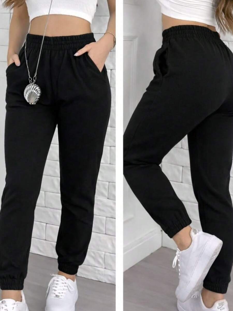 Women's Thick Jogger Sweatpants With High Waist - Black - View 1