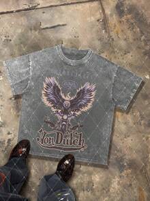 CHAOSHU Van Dutch Purple Eagle Motorcycle Graphic Men's 230g Combed Washed Cotton T-Shirt, Street Short-Sleeve Top, American Biker Vintage Style Apparel, Spring Summer Crew Neck Top, Suitable For Summer Daily Casual Wear - 灰色 - 查看 1