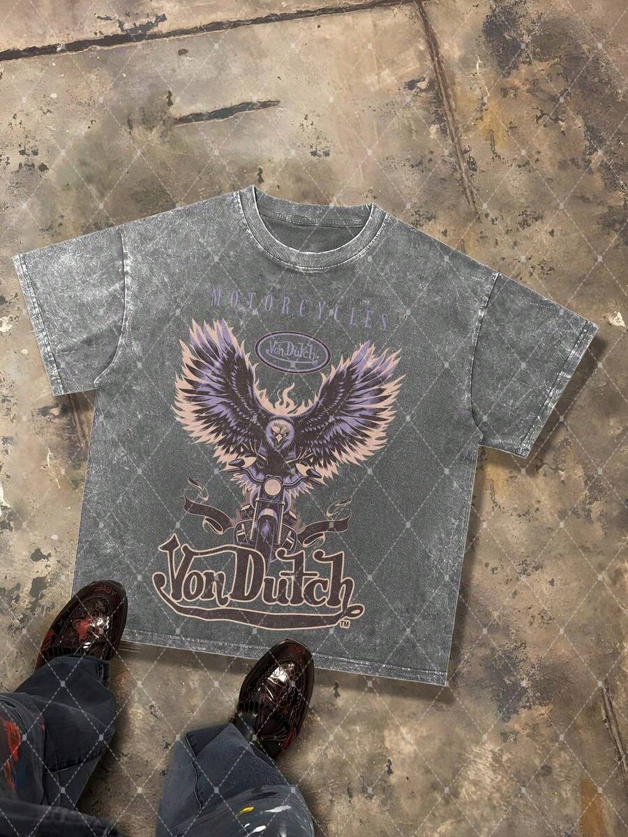 CHAOSHU Van Dutch Purple Eagle Motorcycle Graphic Men's 230g Combed Washed Cotton T-Shirt, Street Short-Sleeve Top, American Biker Vintage Style Apparel, Spring Summer Crew Neck Top, Suitable For Summer Daily Casual Wear - 灰色 - 查看 1
