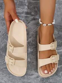 New EVA One-Piece Thick-Soled Slippers, Casual Comfortable Outdoor Slippers With Adjustable Double Buckle, Lightweight Non-Slip Beach Shoes For Women - Beige - View 6