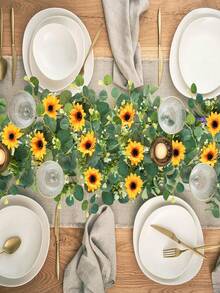 1/3pcs, 180cm/70.86in, Artificial Sunflower Wreath, Green Eucalyptus Leaves, Fake Sunflower Vine Hanging Ivy, Suitable For Christmas Decoration, Room Bedroom, Christmas Decor, Outdoor Garden, DIY, Porch Wall Fireplace, Home Decor - Yellow - View 3