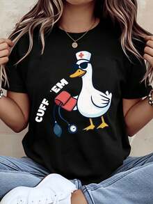 Duck Nurse Cuff Em T-Shirt Funny Medical Cartoon Animal Shirt For Women Men Unisex Casual Wear Gift Idea For Nurses Doctors Healthcare Workers Birthday Christmas Holiday Present,220g - 黑色 - 查看 2