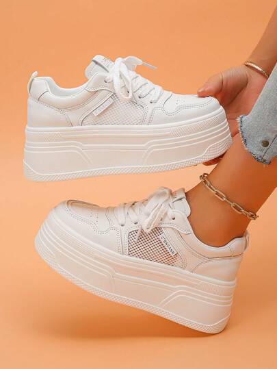 Women's Platform Sneakers, Solid Color Casual Lace-Up Mesh Splice Breathable Comfortable White Casual Shoes