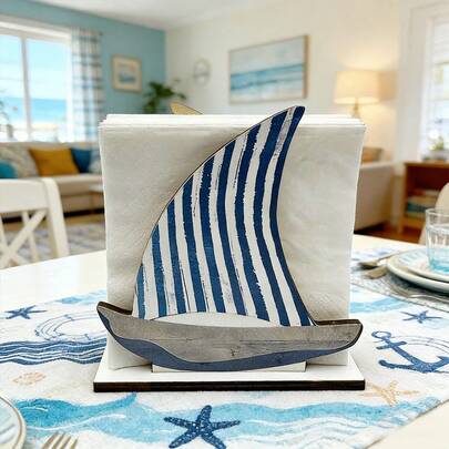 1/4 chiếc Giá đựng khăn giấy bằng gỗ hình thuyền buồm, có họa tiết sóng sọc, thích hợp cho phòng ngủ, phòng tắm, nhà hàng ven biển, trang trí phòng khách và làm quà tặng mùa hè.