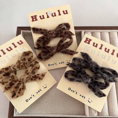 2pcs Leopard Print Bow Hair Clips, Elegant Bangs Clips & High Elastic Hair Ties, Hair Accessories For Women